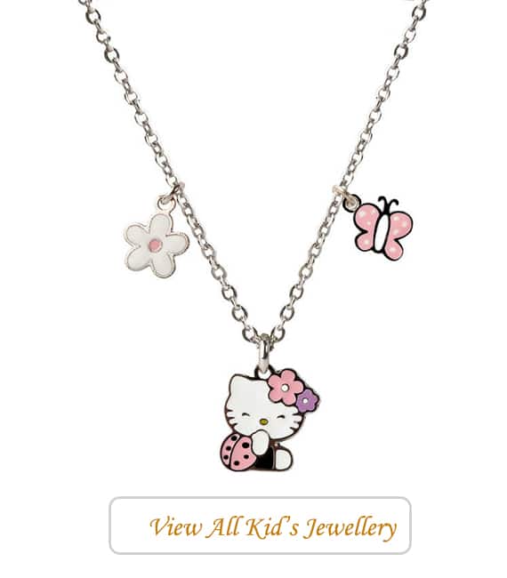 Silver chain necklace with a Hello Kitty pendant flanked by pink and purple flowers and a pink butterfly charm on the chain.